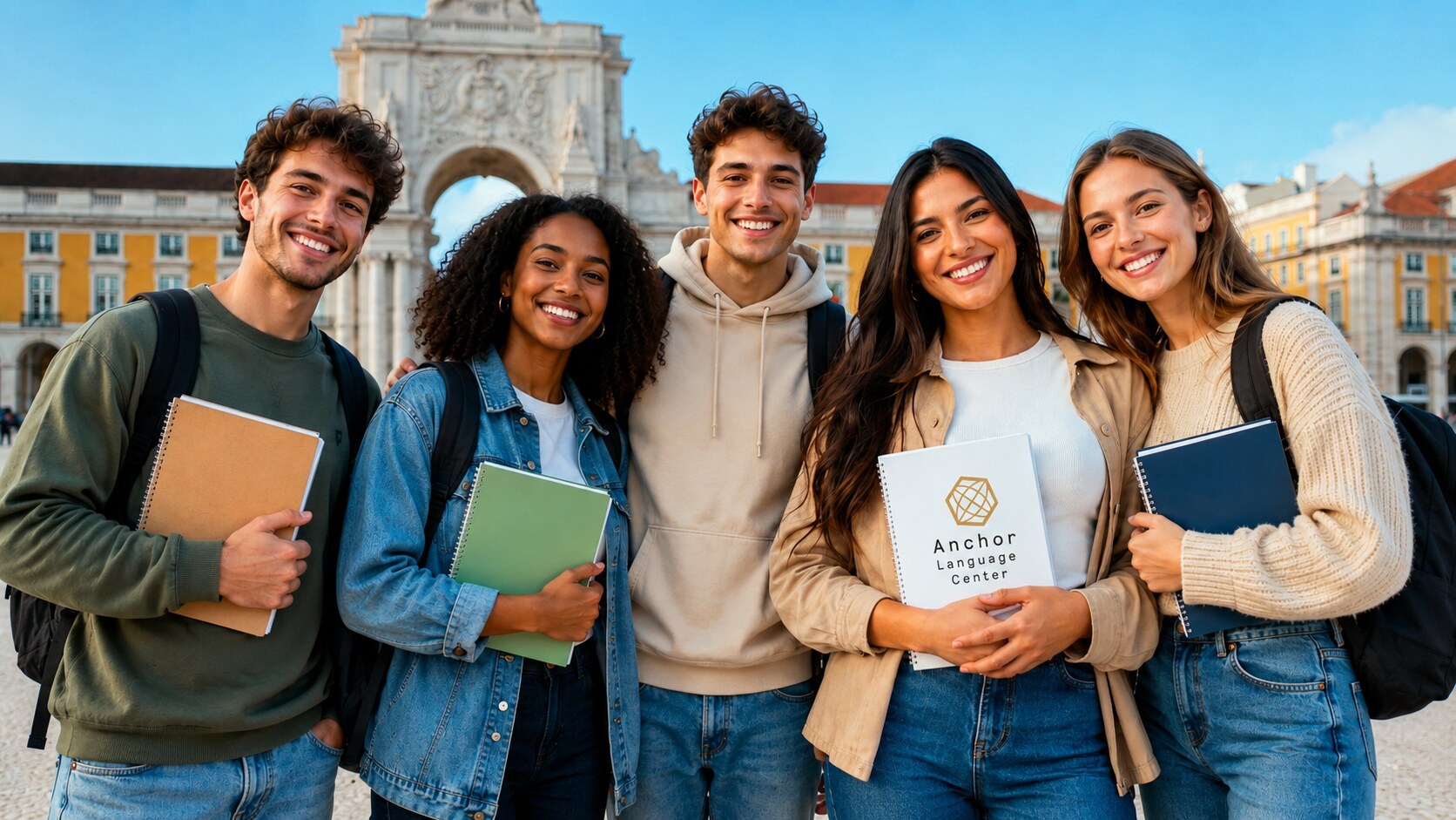 Students smiling together in Lisbon at sunset