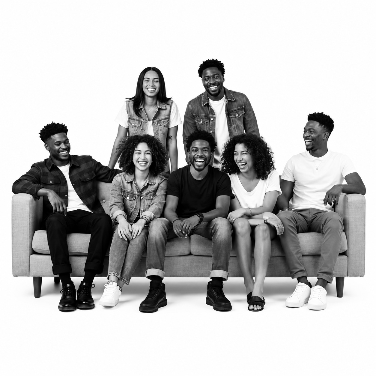 Grupo de formandos a sorrir num sofá