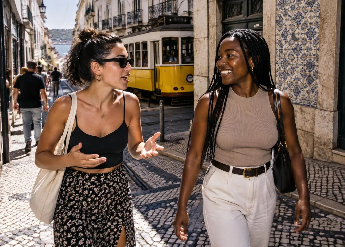 Two friends talking as they walk down a Lisbon street